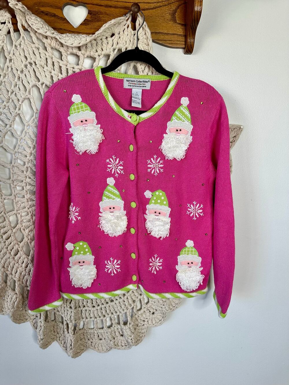 Heirloom Collectibles Christmas Collection Pink Santa Button Front Cardigan S